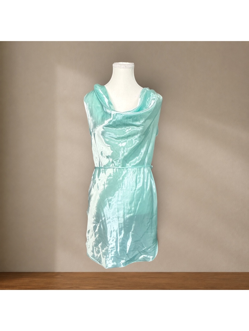 Y2K Aqua Satin Cowl Neck Mini Dress Metallic Shimmer Party Cocktail Fairycore